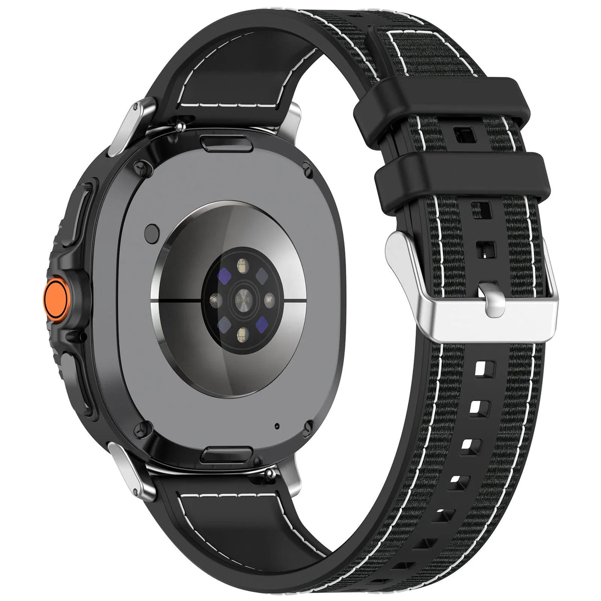 Nylon Hybrid Strap, black, on a watch, 3/4 rear view
