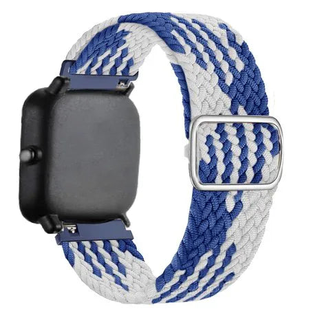 Nylon Adjustable Braided Strap, blue/white, on a watch, 3/4 rear view