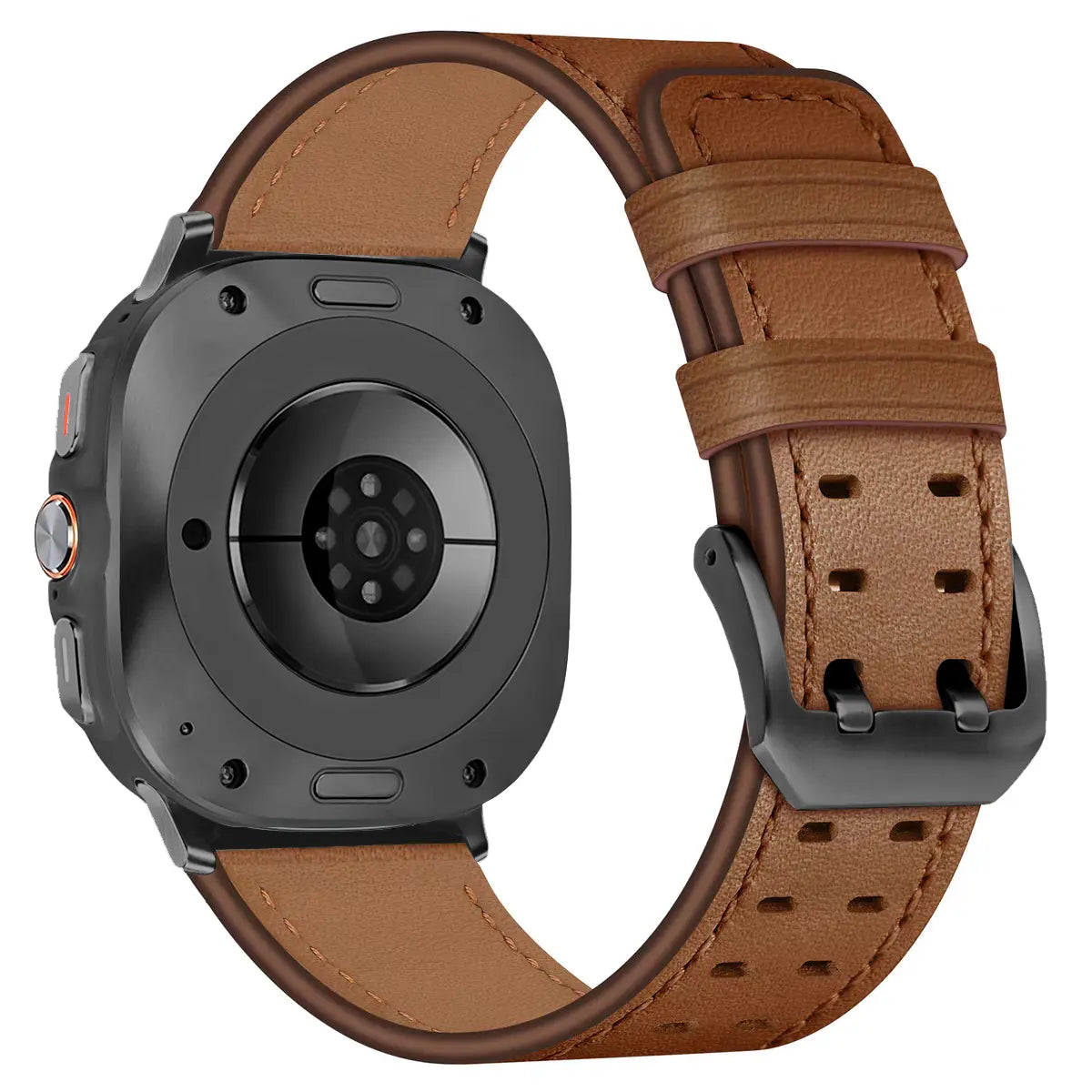 Double Pin Leather Strap, brown, on a watch, 3/4 rear view