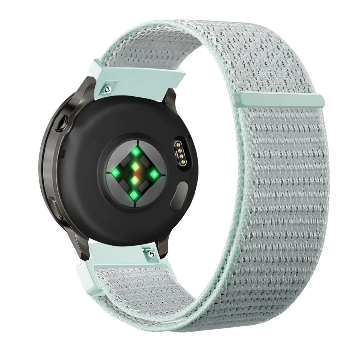 Nylon Loop Strap, light cyan, on a watch, 3/4 rear view