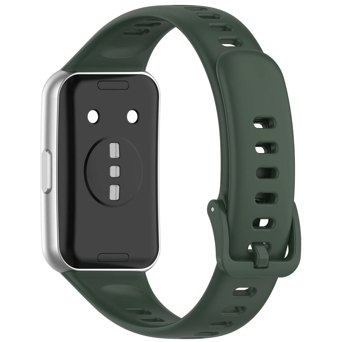 Silicone Strap, dark green, on a watch, 3/4 rear view