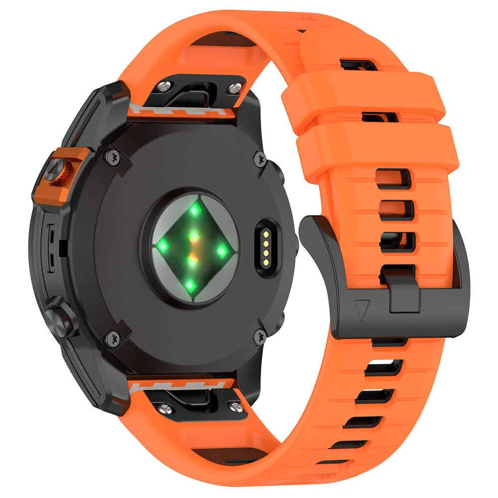 Silicone Sport Buckle Strap, orange/black, on a watch, 3/4 rear view