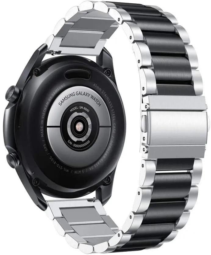 Steel Strap, silver/black, on a watch, 3/4 rear view