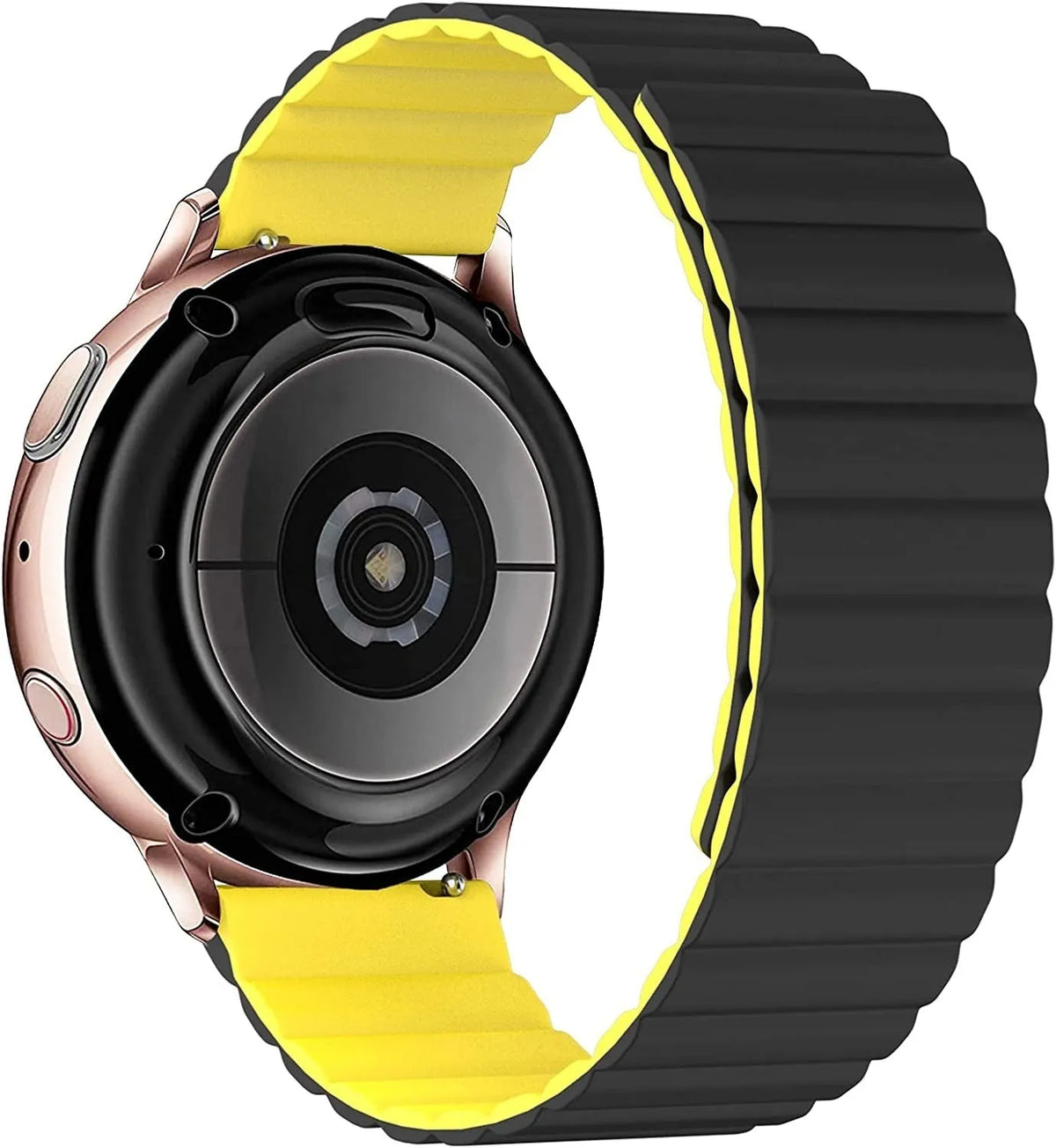 Magnetic Silicone Strap, black/yellow, on a watch, 3/4 rear view