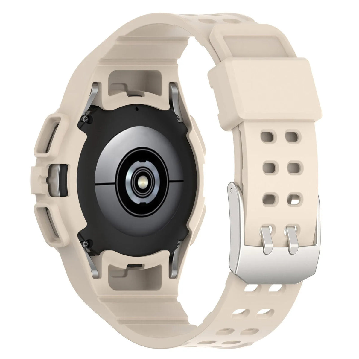 Silicone Strap with Frame, on a watch, 3/4 rear view