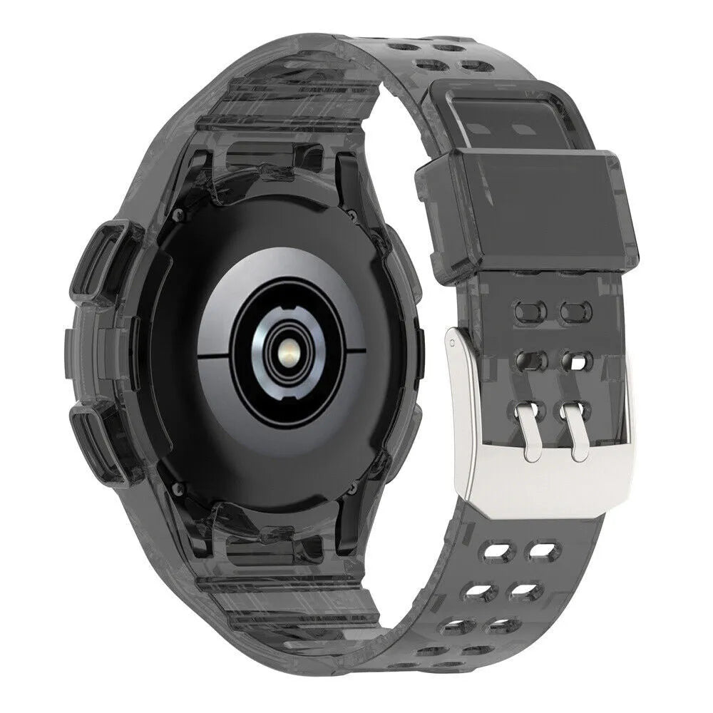 Silicone Strap with Frame, transparent black, on a watch, 3/4 rear view