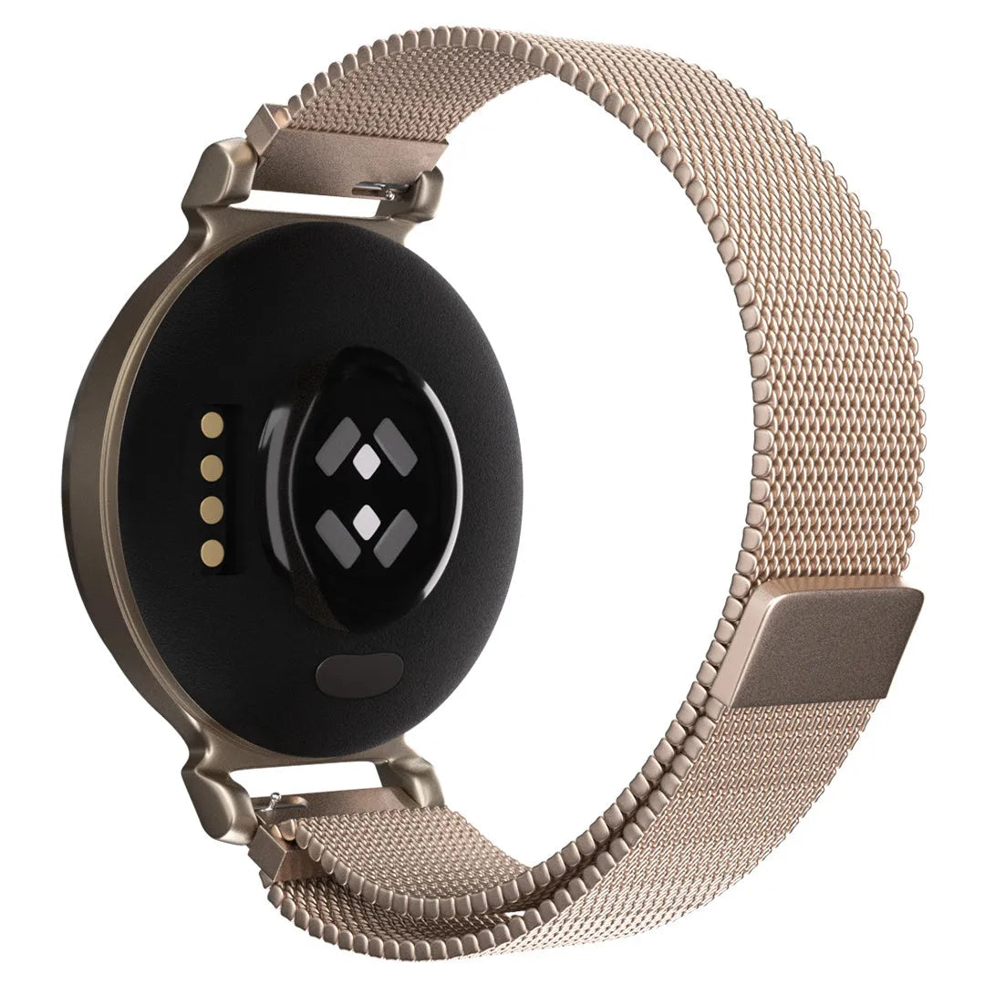 Milanese Strap, rose gold, on a watch, 3/4 rear view