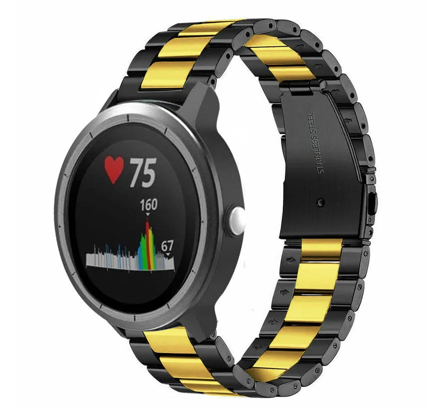 Steel Strap, black/gold, on a watch, 3/4 rear view