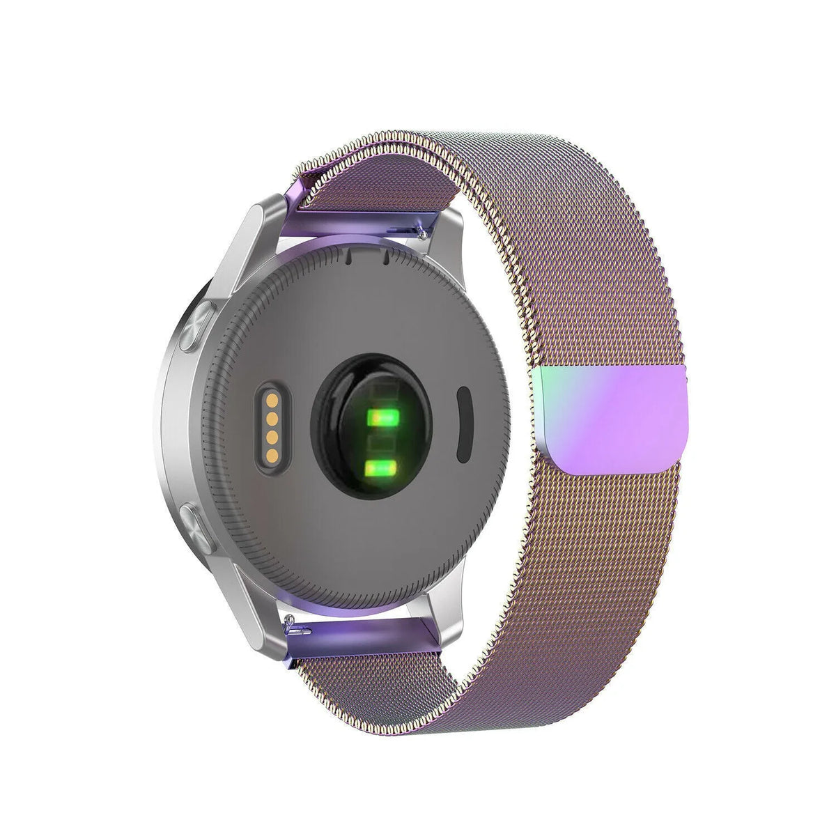Milanese Strap, rainbow, on a watch, 3/4 rear view