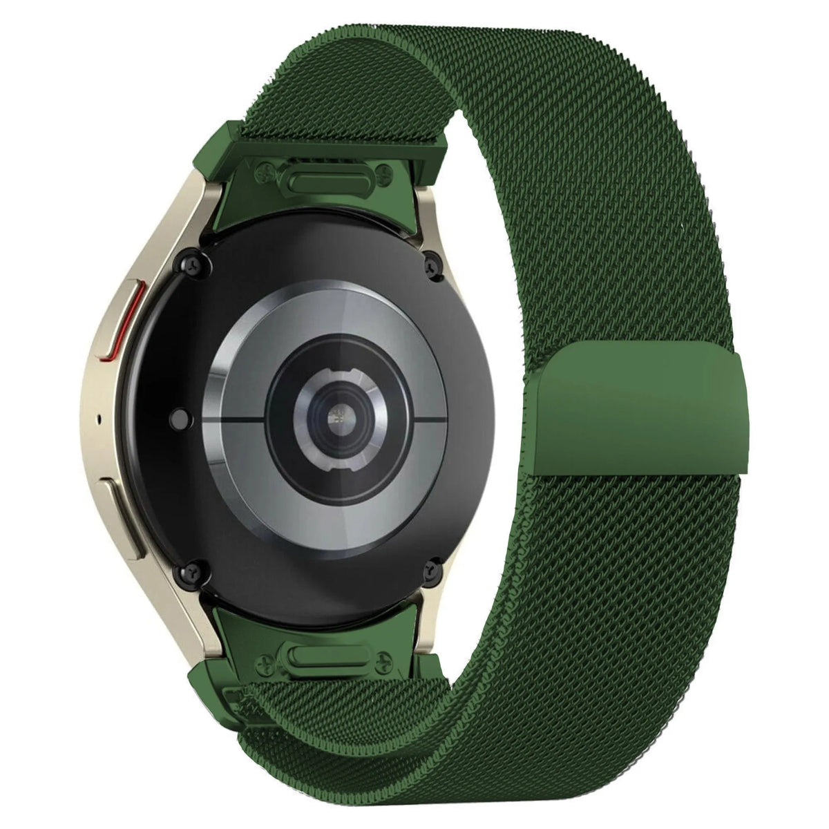 Milanese Strap 'One Push', green, on a watch, 3/4 rear view
