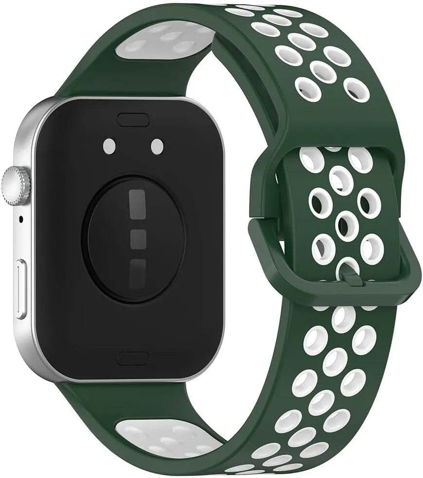 Silicone Sport Strap, green/white, on a watch, 3/4 rear view