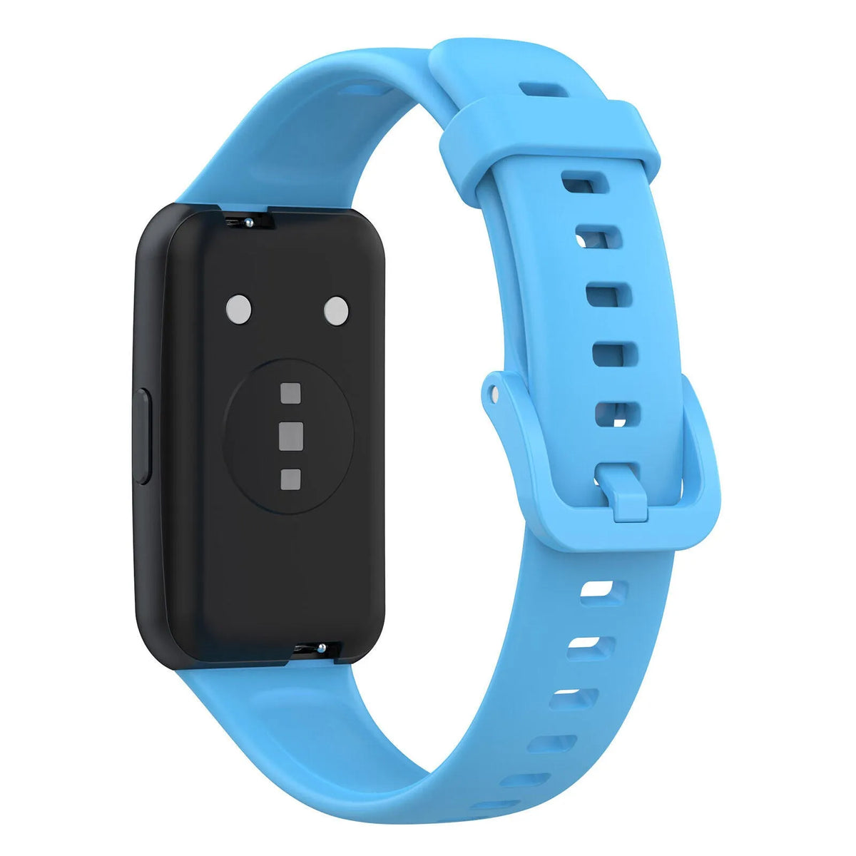 Silicone Strap, light blue, on a watch, 3/4 rear view