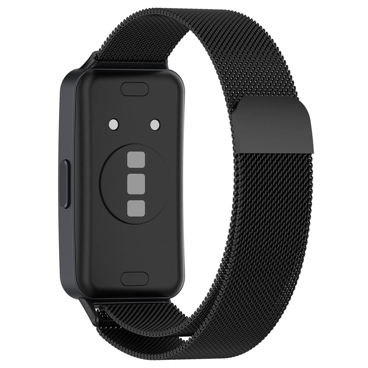 Milanese Strap, black, on a watch, 3/4 rear view