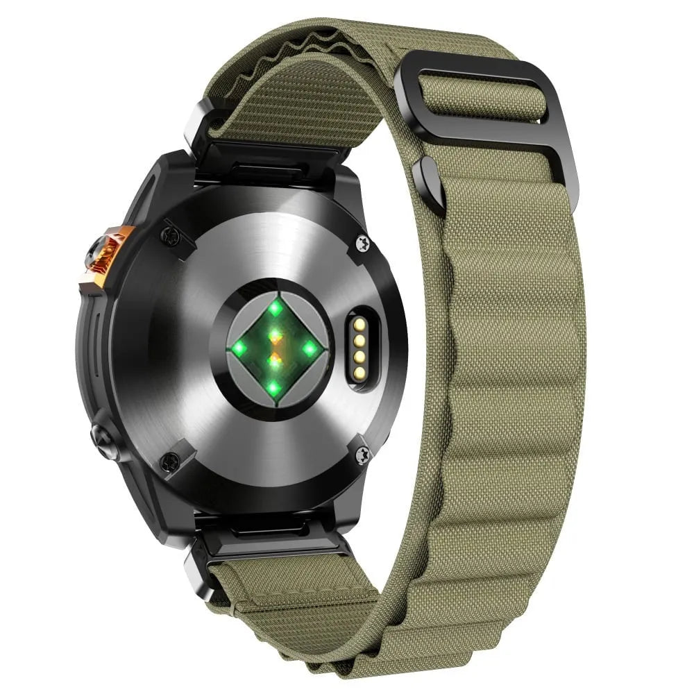Alpine Nylon Strap, army green, on a watch, 3/4 rear view