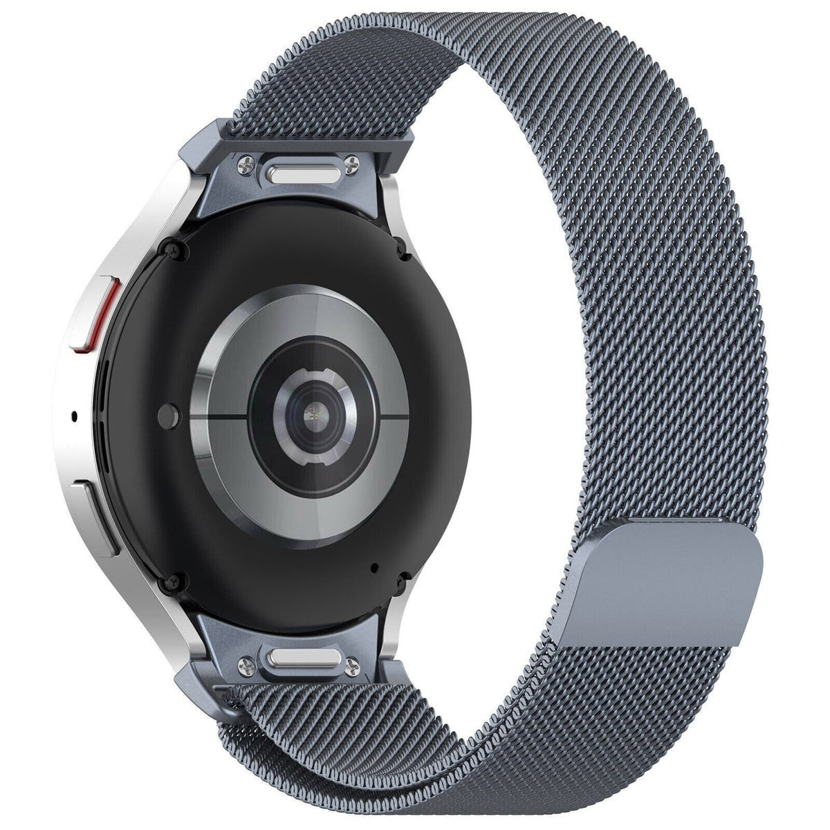 Milanese Strap 'One Push', space grey, on a watch, 3/4 rear view