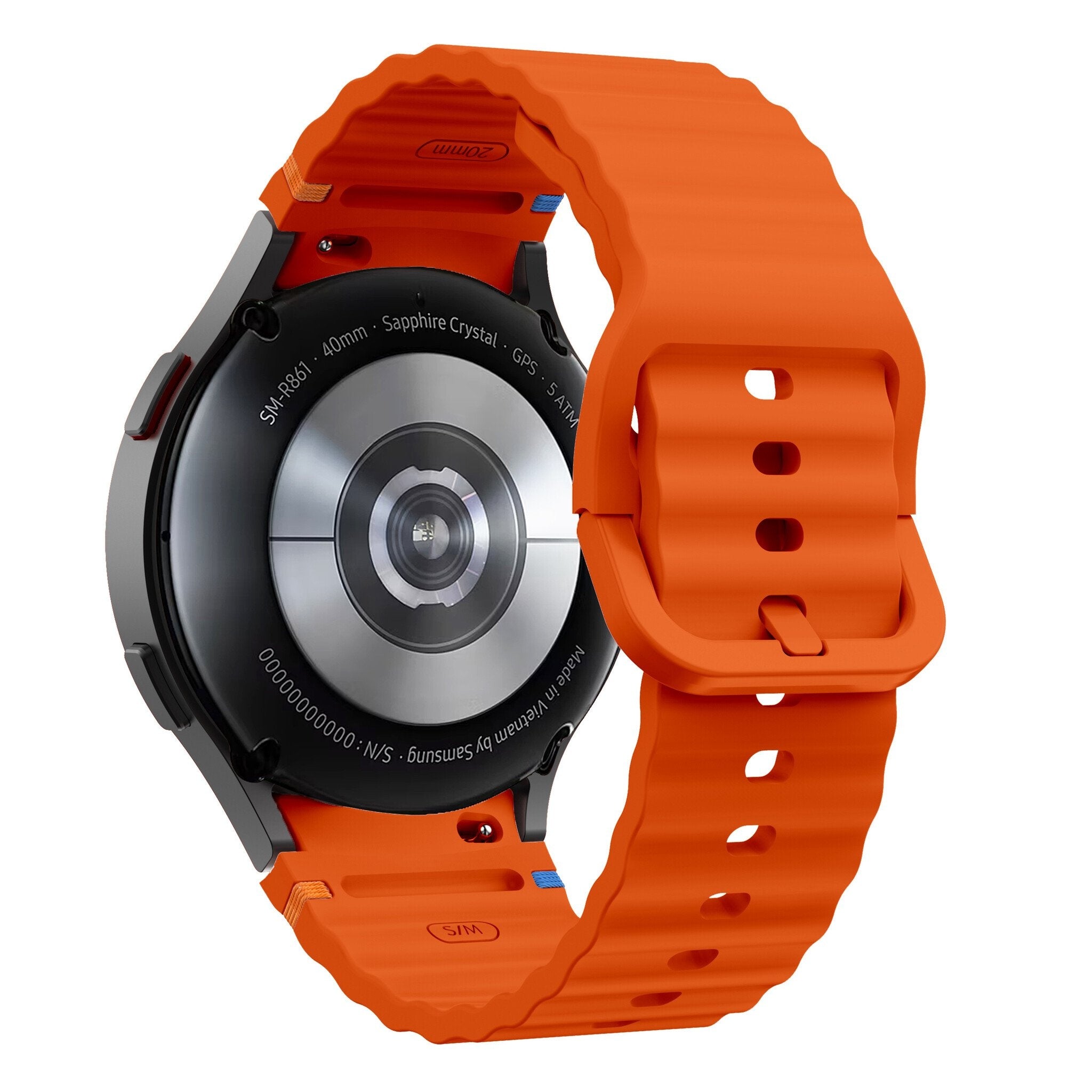 Wave Silicone Strap, orange, on a watch, 3/4 rear view
