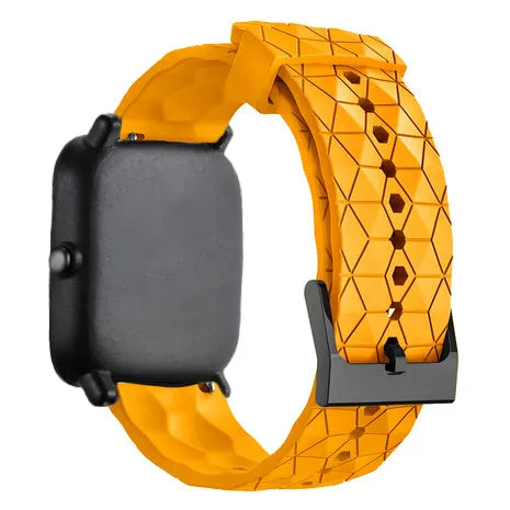 Silicone Strap Hexagons, orange, on a watch, 3/4 rear view