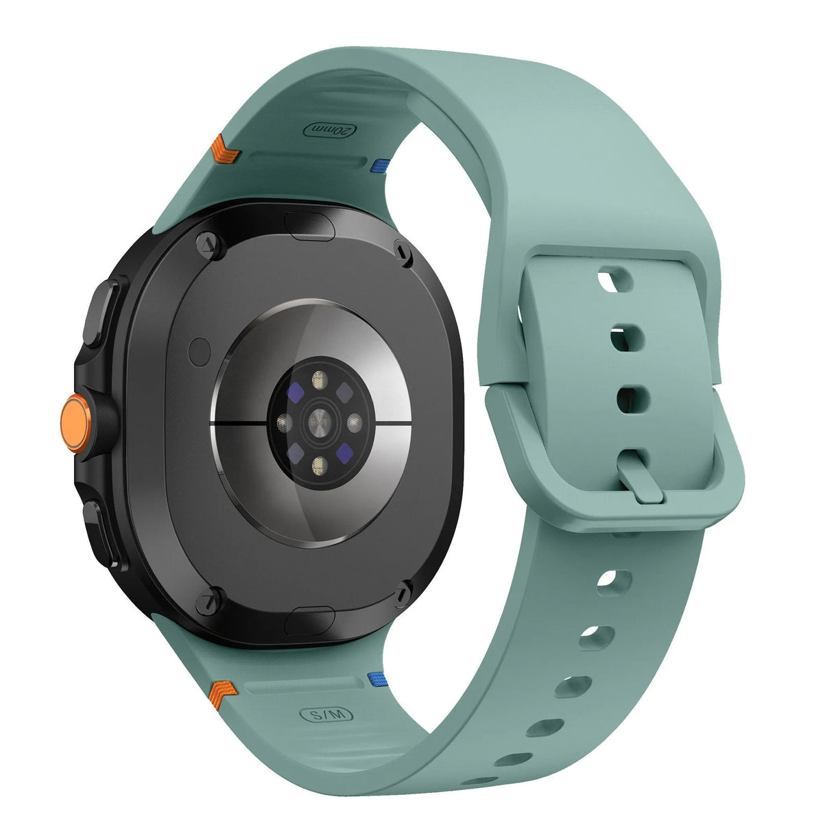 Silicone Strap, viridian, on a watch, 3/4 rear view