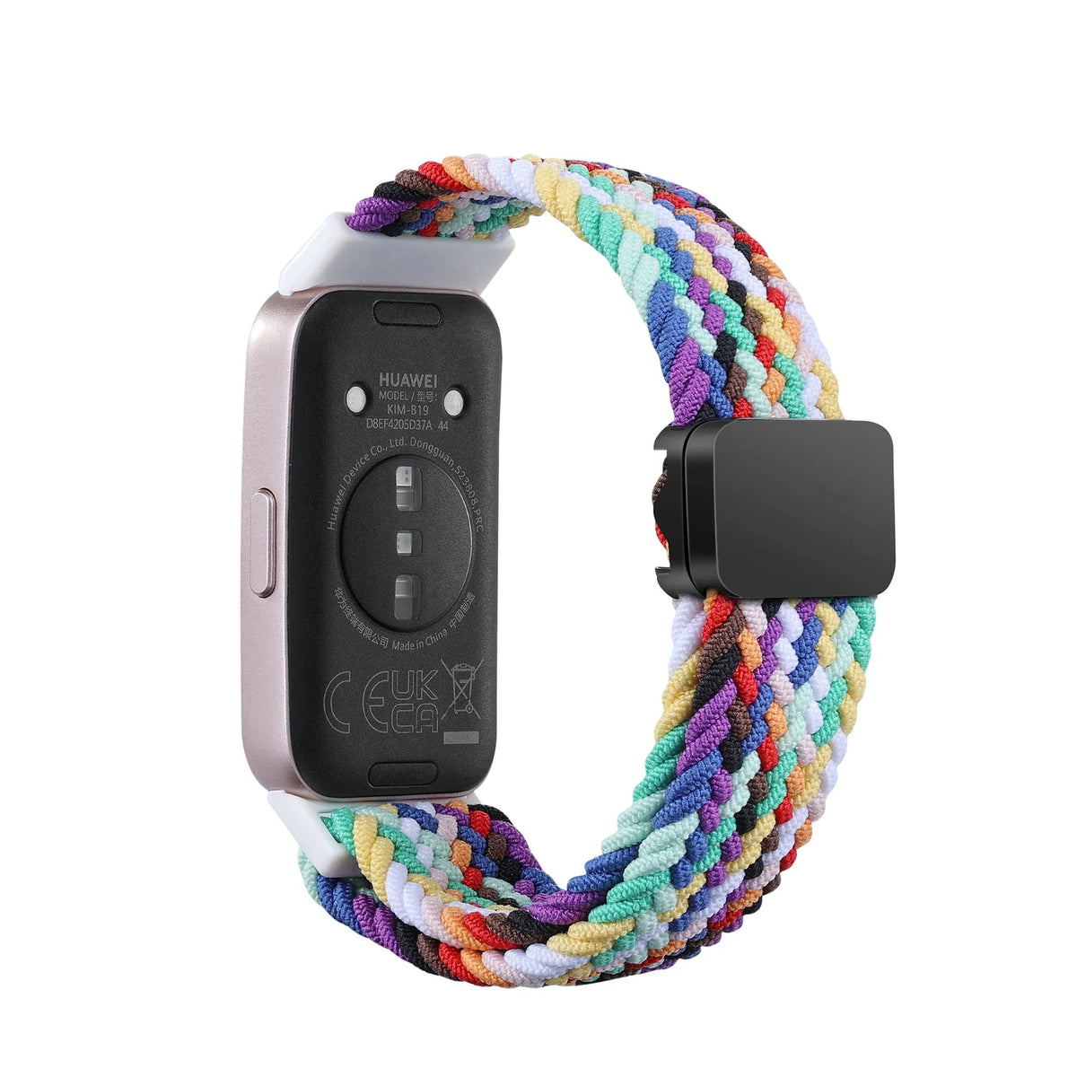Nylon Adjustable Braided Strap, rainbow, on a watch, 3/4 rear view