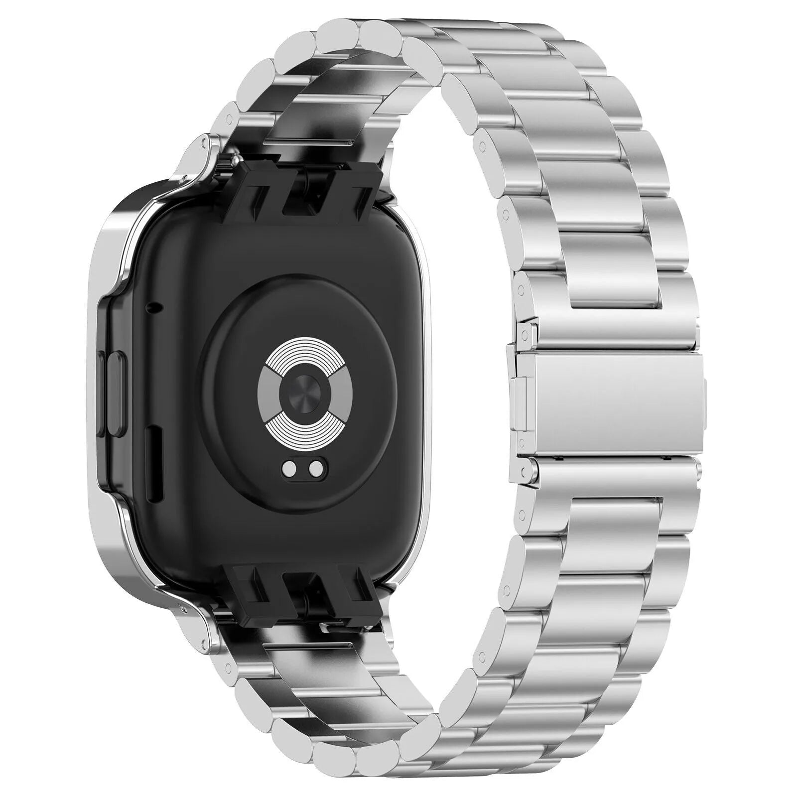 Steel Strap, silver, on a watch, 3/4 rear view