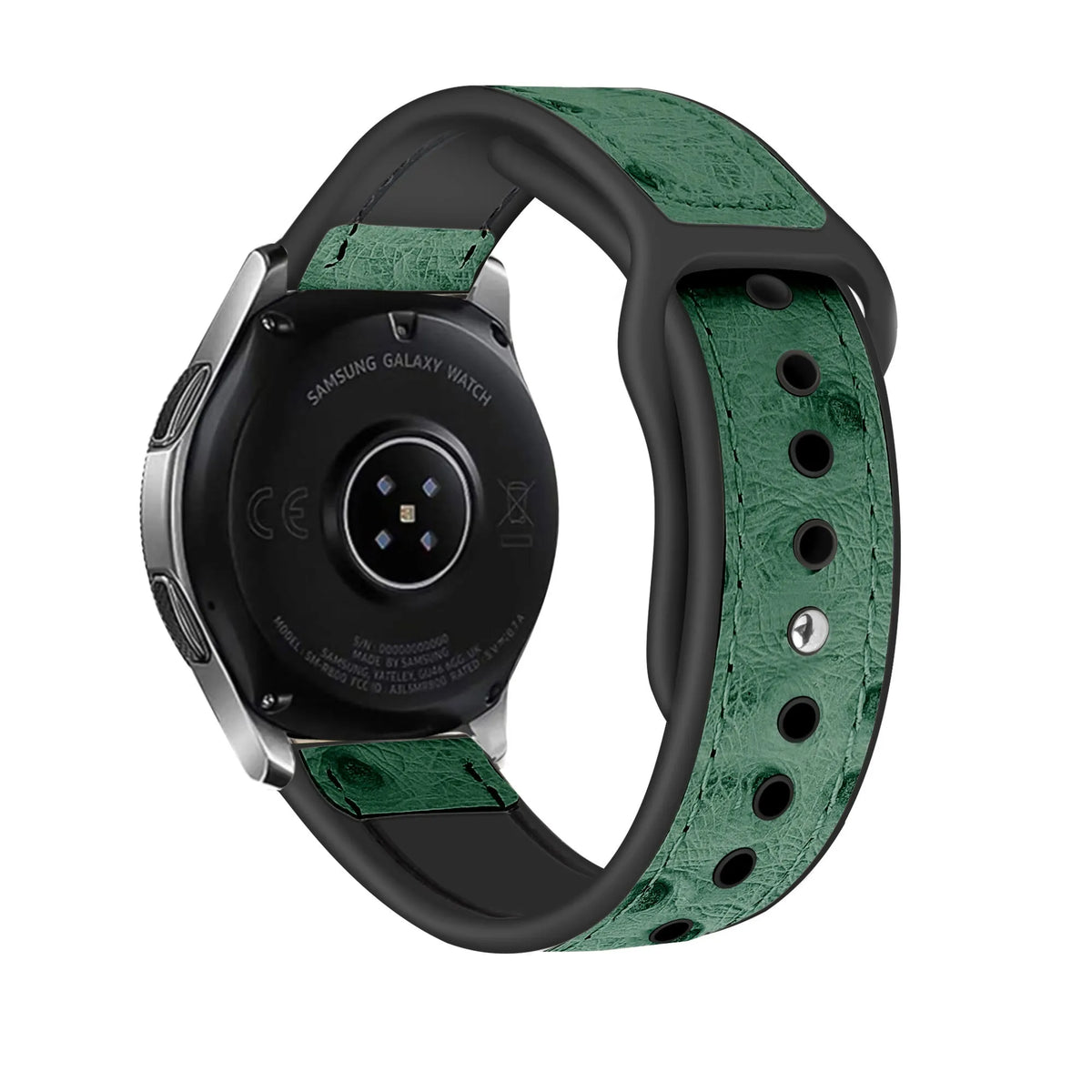 Leather Hybrid Strap, green, on a watch, 3/4 rear view