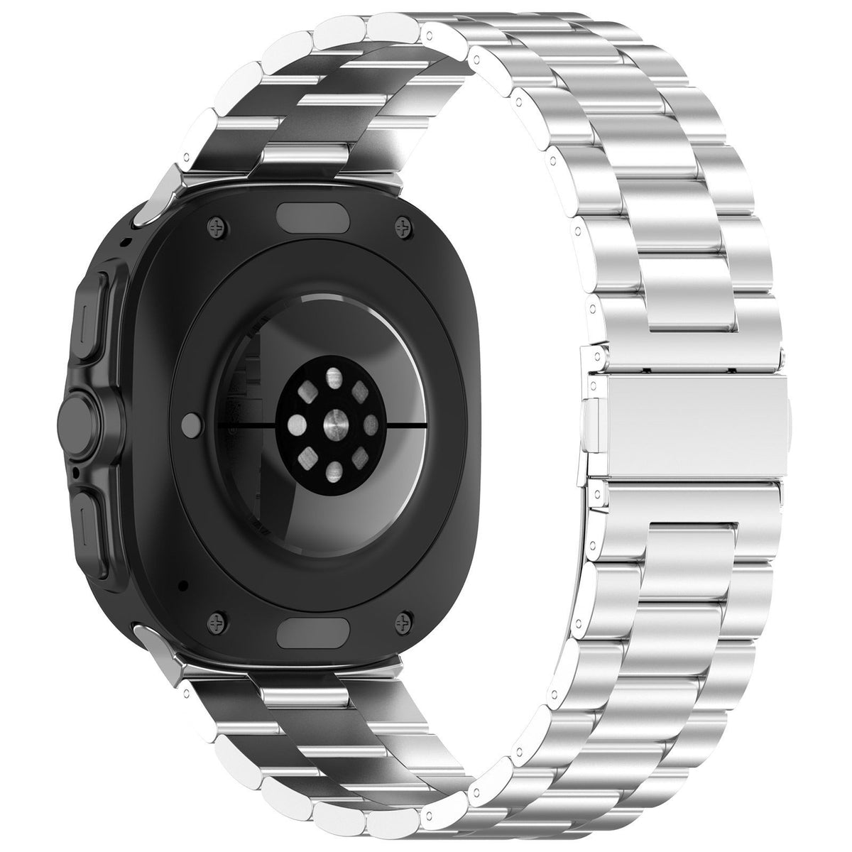 Steel Strap, silver, on a watch, 3/4 rear view