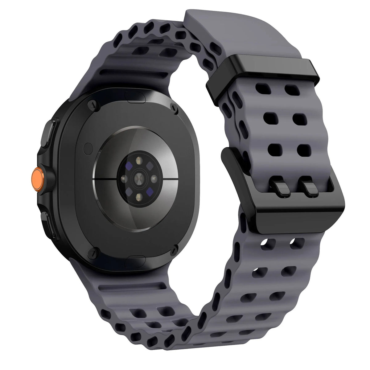 Silicone Ocean Strap, dark grey, on a watch, 3/4 rear view