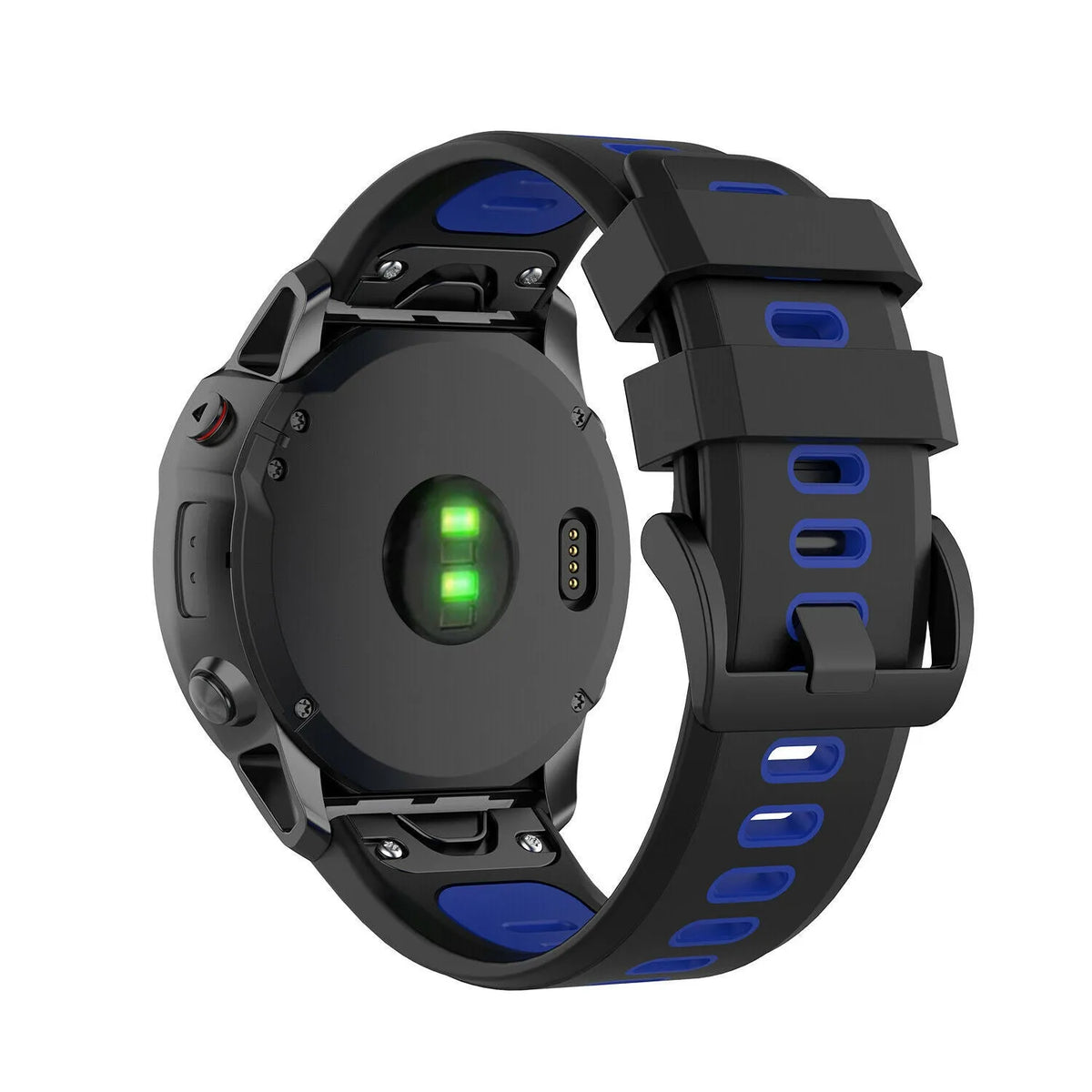 Silicone Sport Buckle Strap, black/blue, on a watch, 3/4 rear view