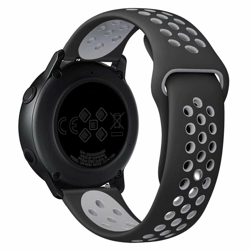 Silicone Sport Strap, black/grey, on a watch, 3/4 rear view
