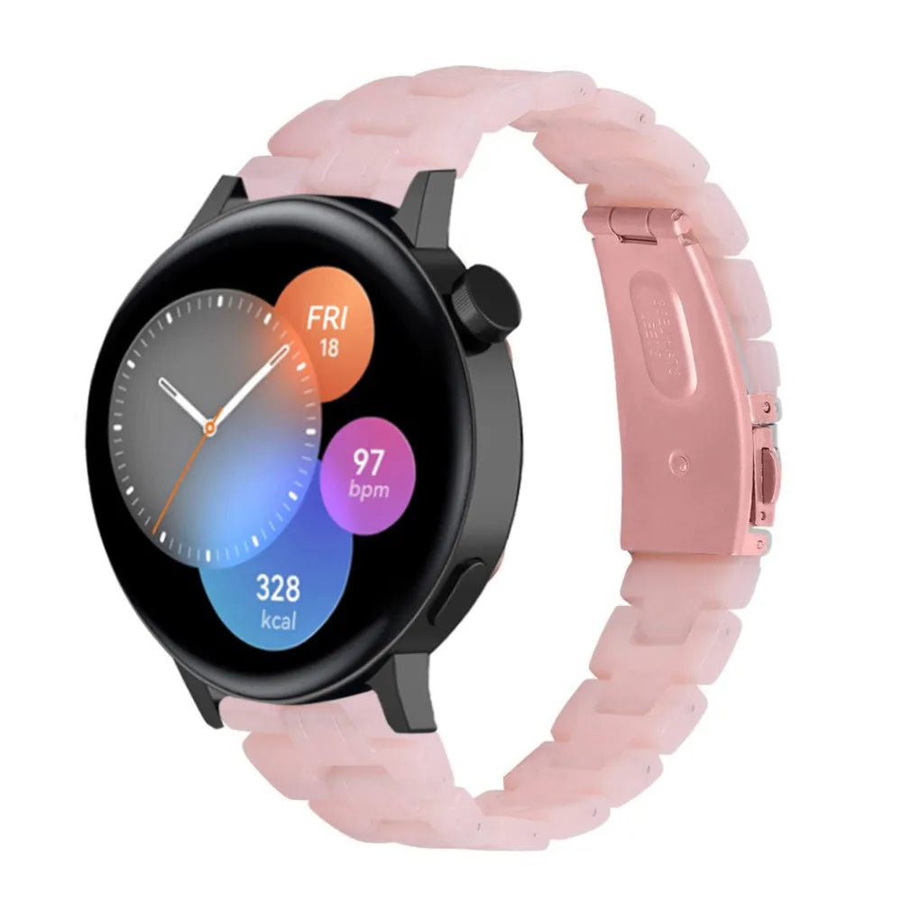 Metal Resin Strap, pink, on a watch, 3/4 rear view