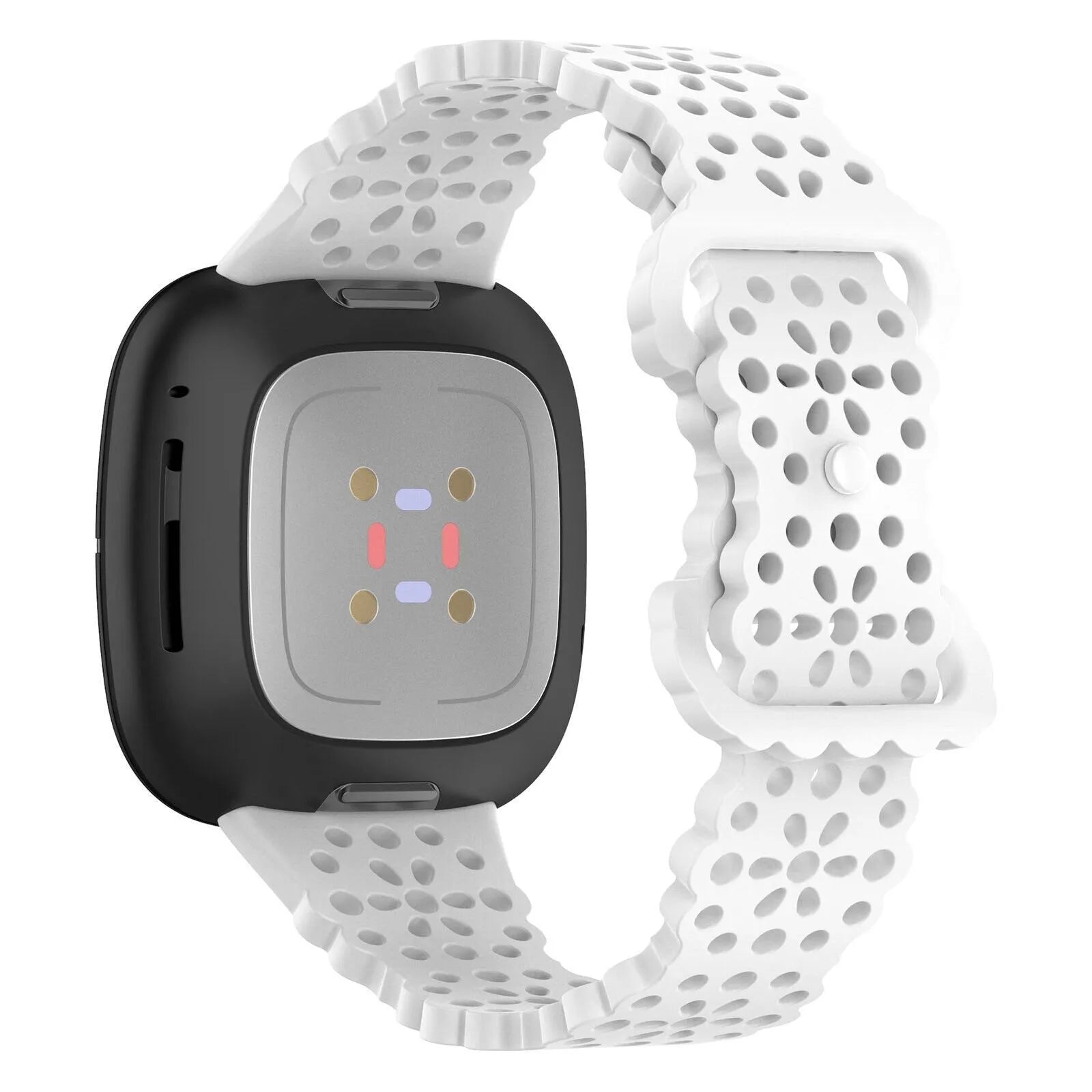 Patterned Silicone Strap, white, on a watch, 3/4 rear view