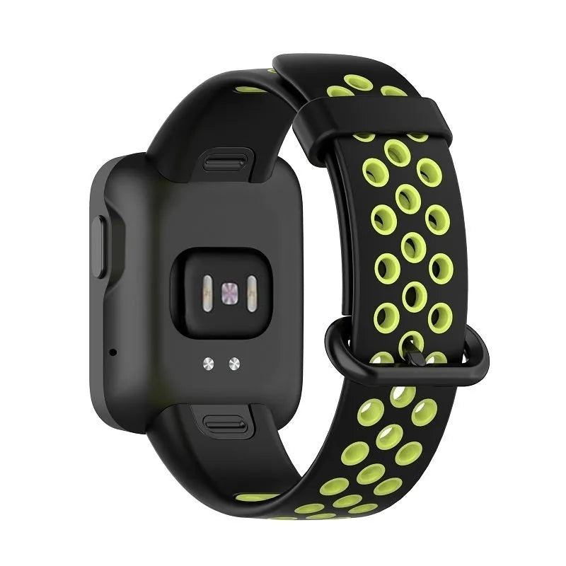 Silicone Sport Strap, black/green, on a watch, 3/4 rear view