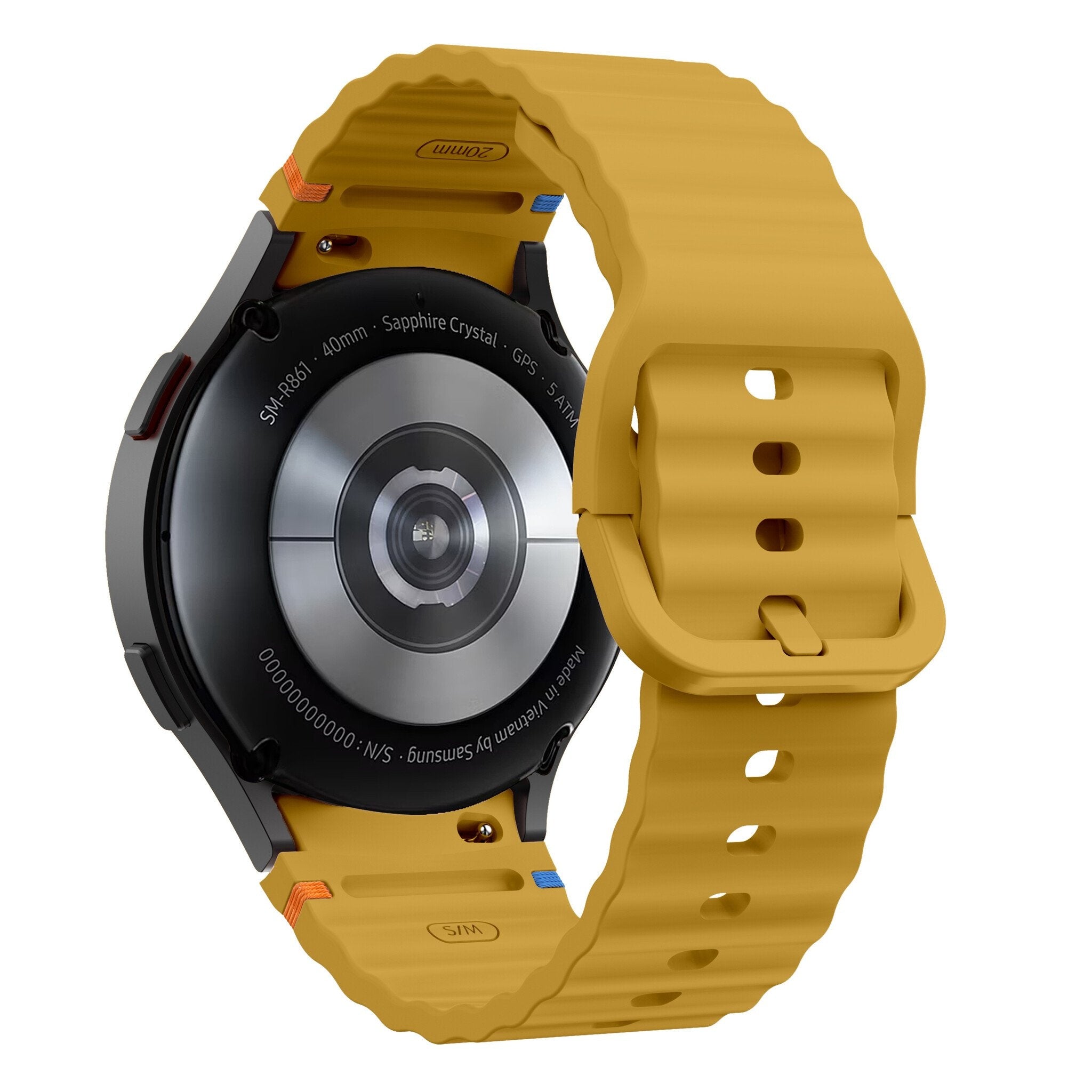 Wave Silicone Strap, yellow, on a watch, 3/4 rear view