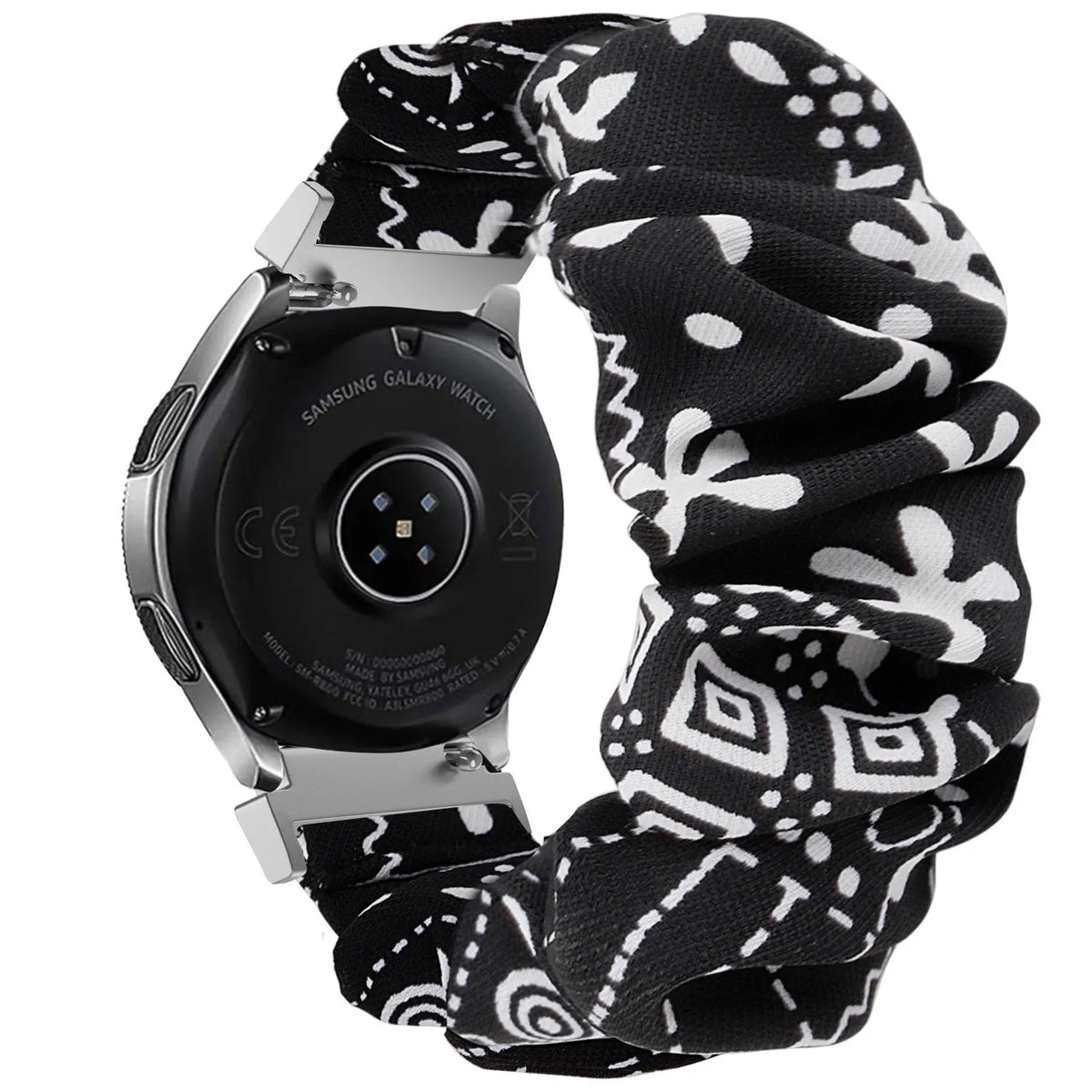 Nylon Scrunchie Strap, black mix, on a watch, 3/4 rear view