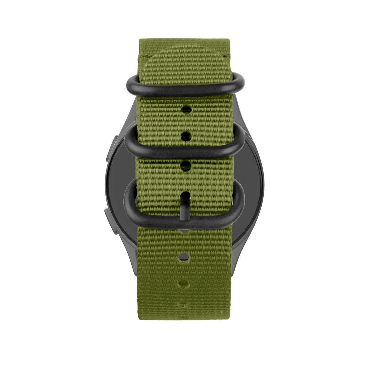 Buckled Nylon Strap, green, on a watch, direct front view