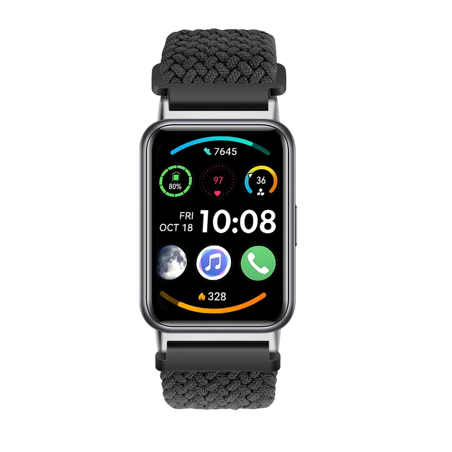 Nylon Adjustable Braided Strap, black, on a watch, direct front view
