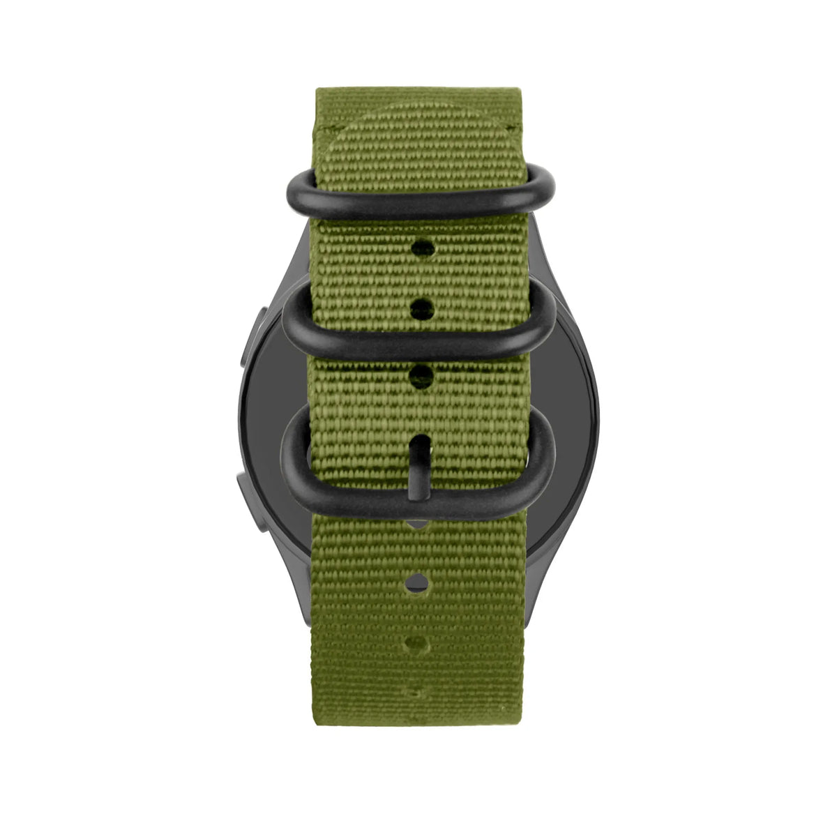 Buckled Nylon Strap, green, on a watch, direct front view