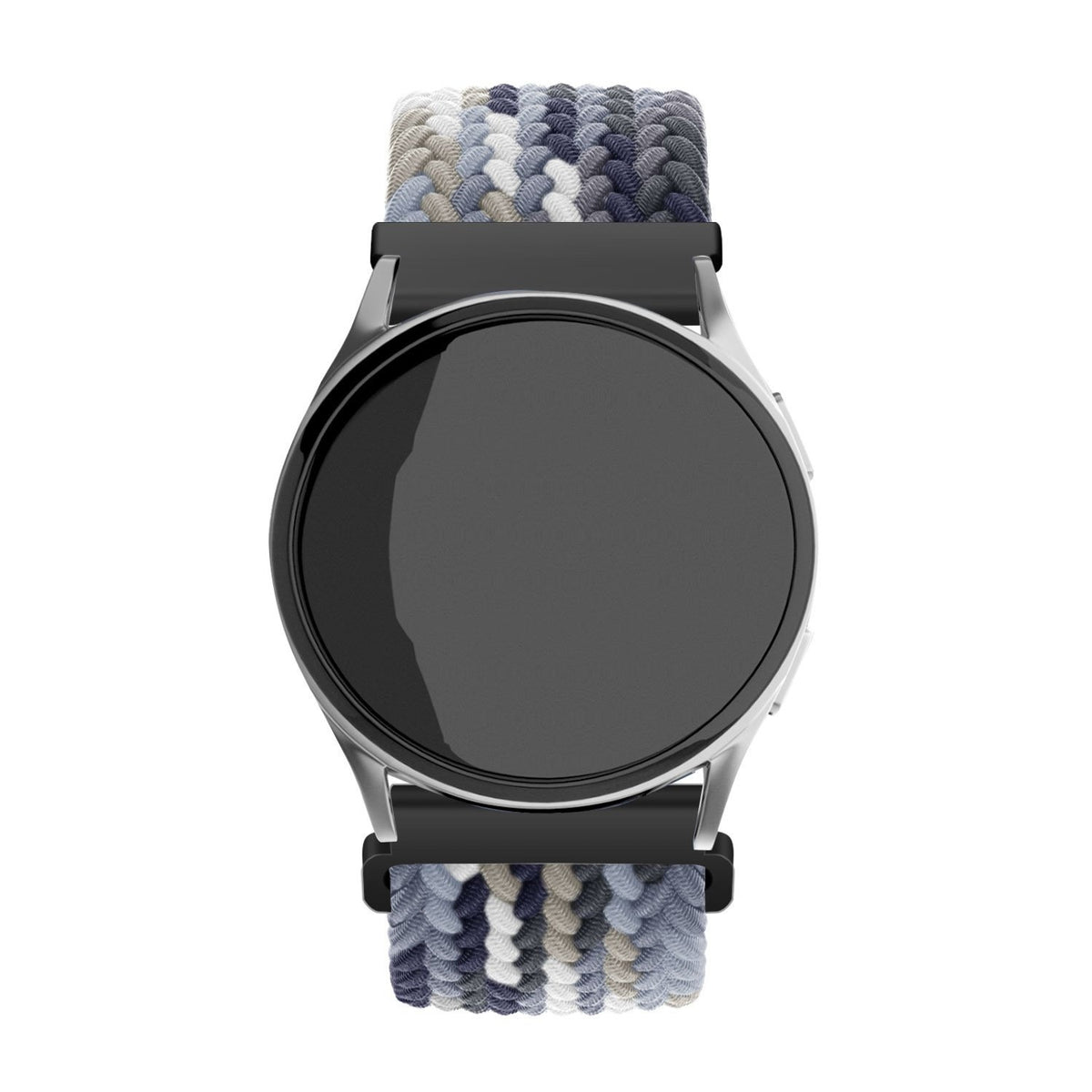 Nylon Adjustable Braided Strap, black/white, on a watch, direct front view