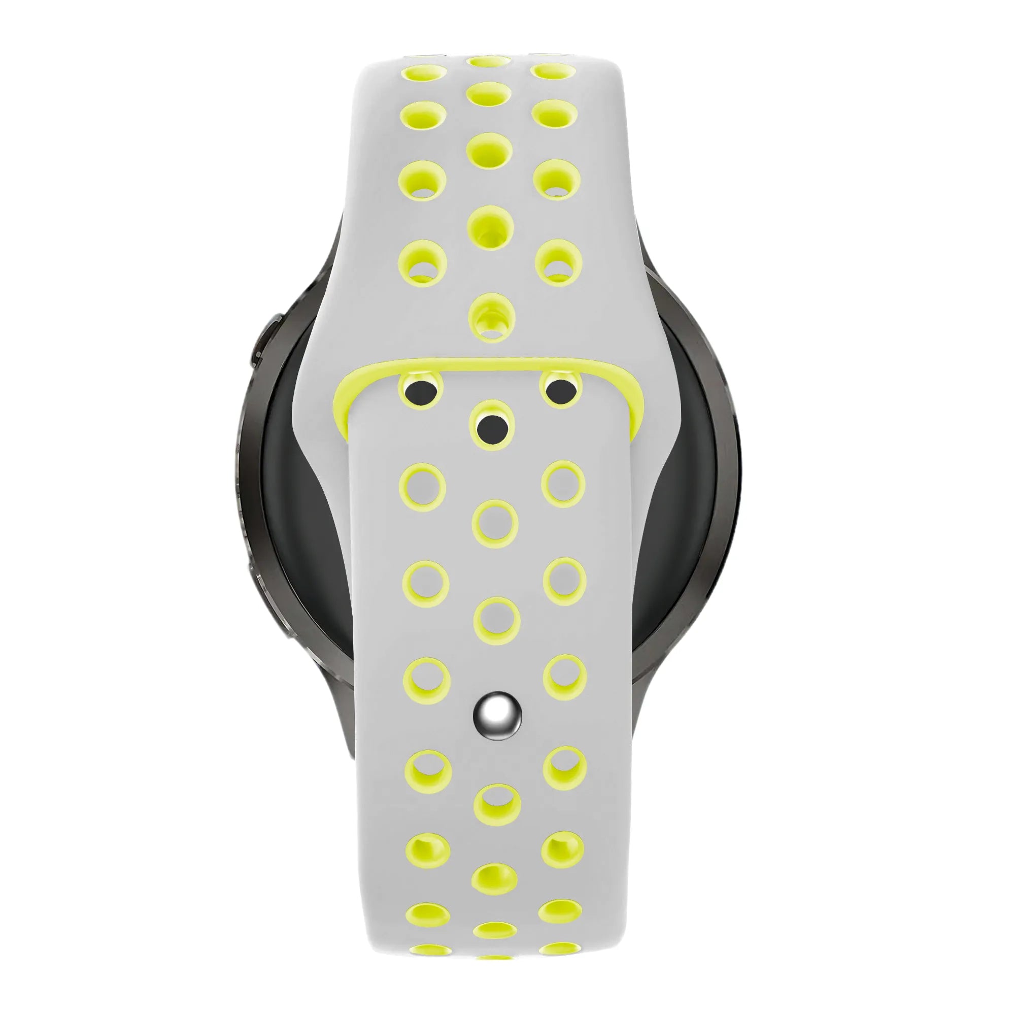 Silicone Sport Strap 'Deluxe', grey/yellow, on a watch, direct front view