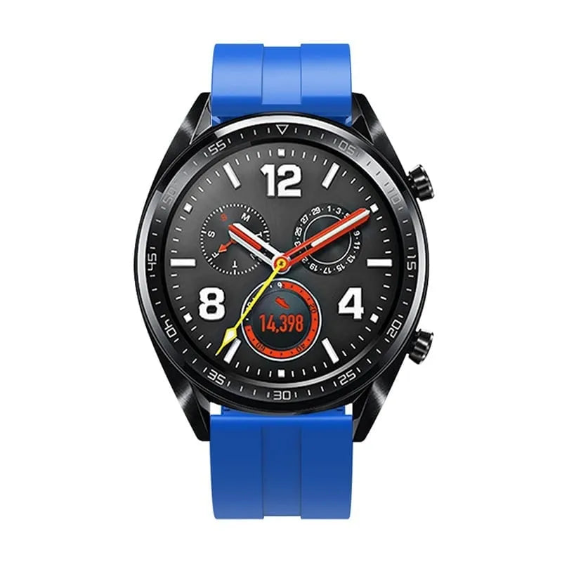 Silicone Strap 'Extreme', blue, on a watch, direct front view