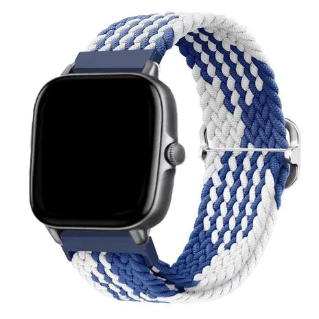 Nylon Adjustable Braided Strap, blue/white, on a watch, direct front view