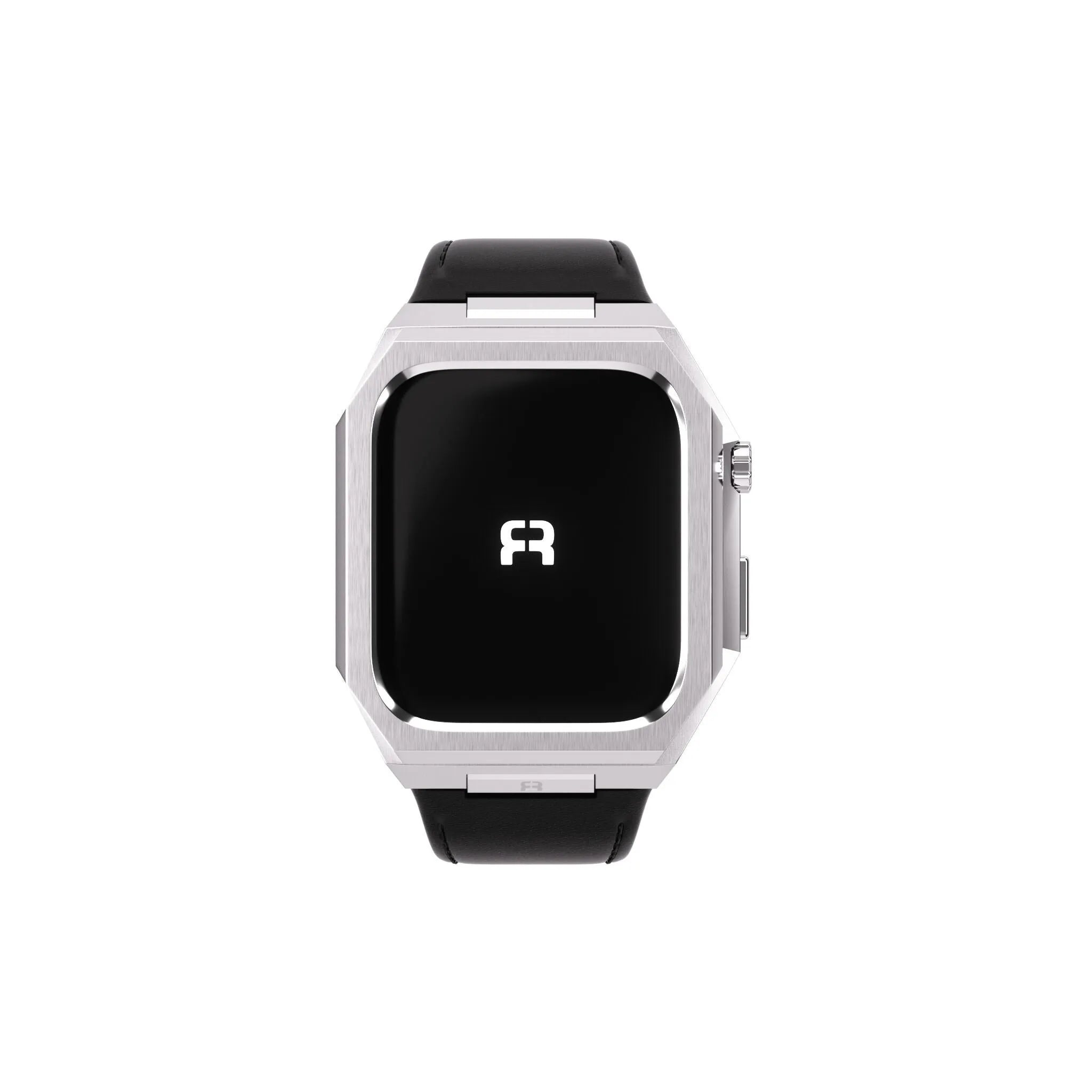 Reqior Apple Watch 45mm Metal Hülle mit integriertem Lederarmband (Silber/Schwarz)