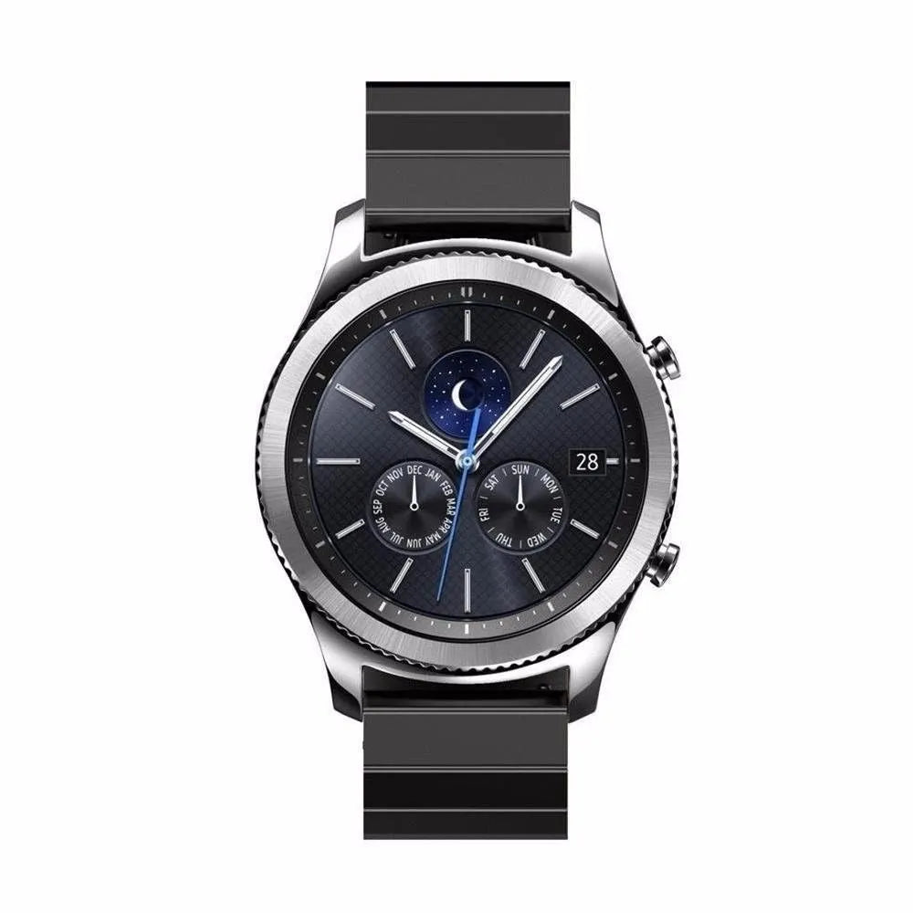 Premium Metal Strap, black, on a watch, direct front view