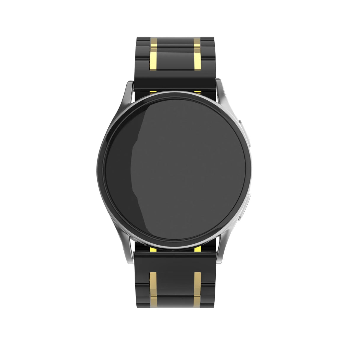 Metal Ceramic Link Strap, black/gold, on a watch, direct front view