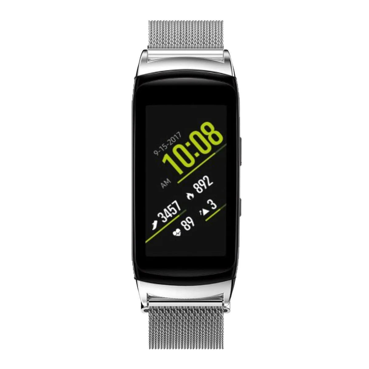 Milanese Strap, silver, on a watch, direct front view