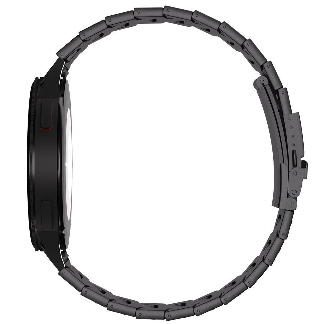 Titanium Strap 'Iron', black, on a watch, direct front view