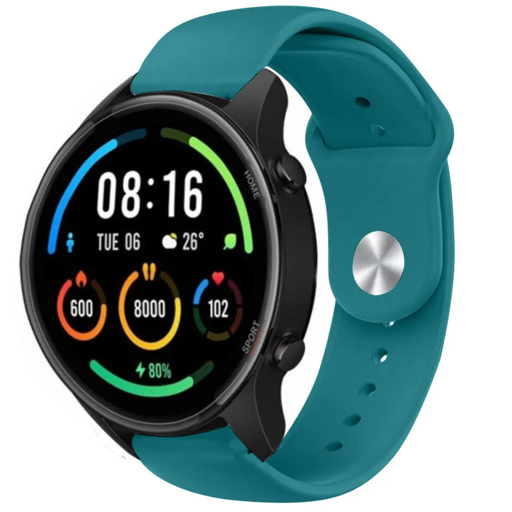 Silicone Sport Strap, green-blue, on a watch, direct front view