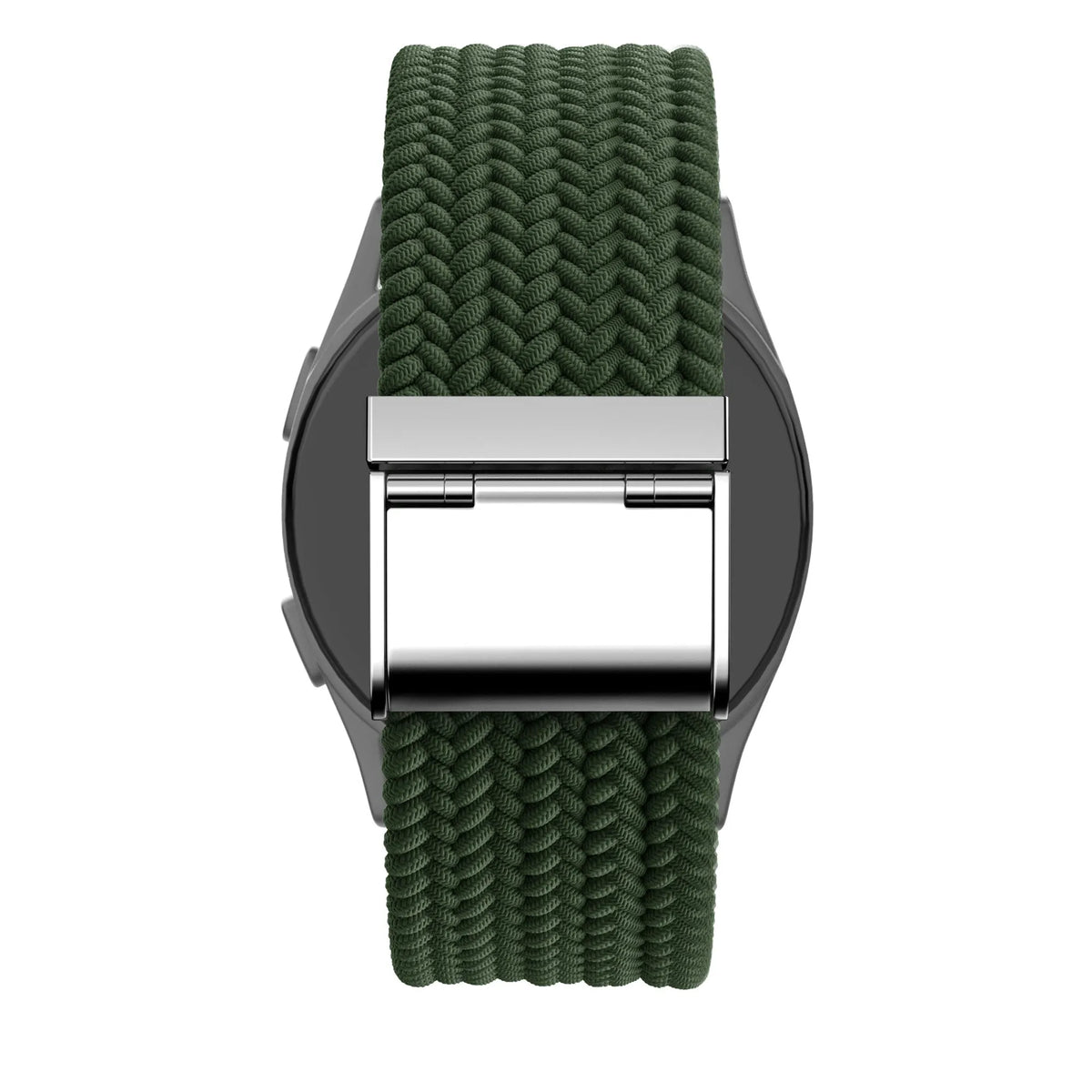 Woven Nylon Strap, olive green, on a watch, direct rear view