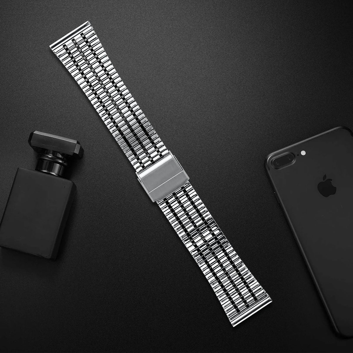 Fine Steel Strap, silver/black, without a watch, 3/4 front view