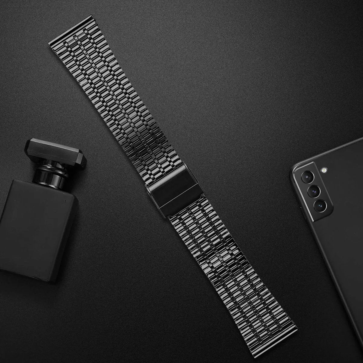 Fine Steel Strap, black, without a watch, 3/4 rear view